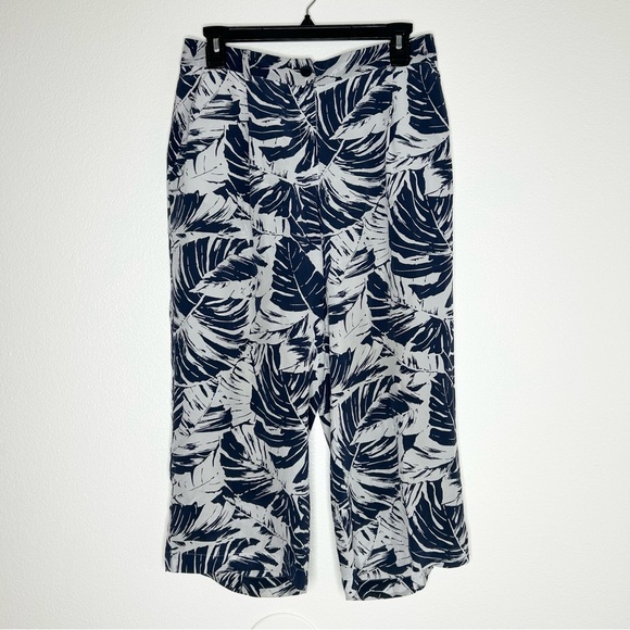 Weekend Max Mara Womens Gray & Navy Tropical Leaf Print Silk Capri Pants Size 4